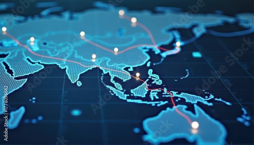 Illuminated digital map of the Asia-Pacific region showing glowing routes and network nodes that visualize connectivity, data flows, and transport links. © Virtual Art Studio