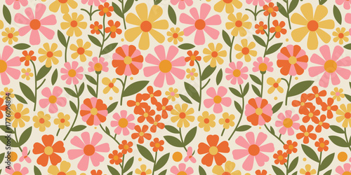 Retro floral pattern with colorful daisies and small flowers on a cream background vintage daisy