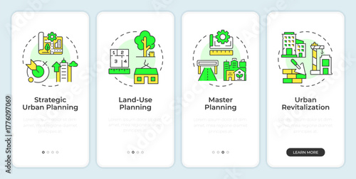 Types of urban planning onboarding mobile app screen. City development. Walkthrough 4 steps editable graphic instructions with linear concepts. UI, UX, GUI. Montserrat SemiBold, Regular fonts used