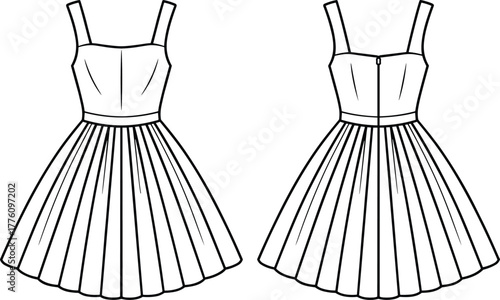 Sleeveless pleated dress flat, wide strap bodice design, fitted waistline, full skirt silhouette, technical fashion illustration, sewing pattern template, apparel sketch