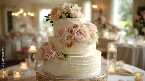 Elegant Three-Tier Wedding Cake | Blush Roses and Golden Stand in Romantic Reception

Rustic Buttercream Wedding Cake | Floral Cascade Design with Soft Candlelight Ambience