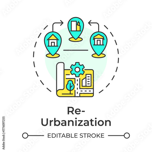 Reurbanization multi color concept icon. Revitalizing city centers. Move back from suburbs. Urbanization type. Round shape line illustration. Abstract idea. Graphic design. Easy to use in booklet