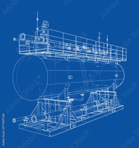 Industrial Tank Blueprint on Blue. Vector
