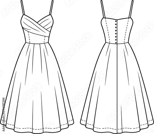 Sleeveless pleated dress, crisscross bust detail, fashion flat sketch, technical garment illustration, flared skirt design, button back closure, apparel drawing template