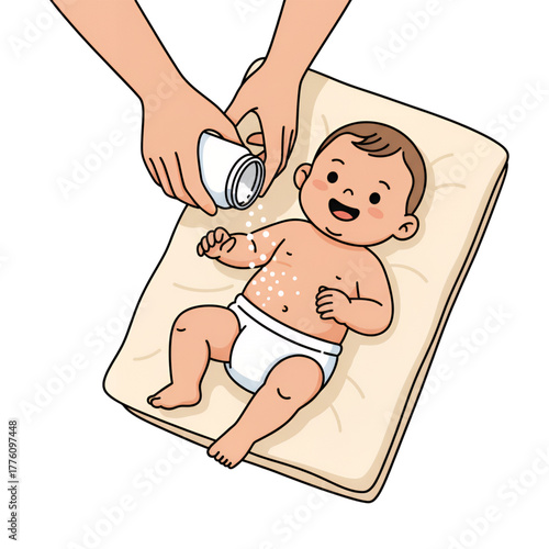 Top view of a baby whose body is sprinkled with powder. Isolated on a white background.