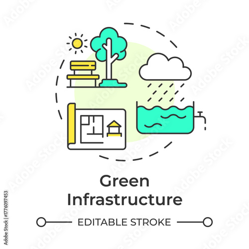 Green infrastructure multi color concept icon. Areas on nature inside city. Sustainable urban development. Round shape line illustration. Abstract idea. Graphic design. Easy to use in booklet