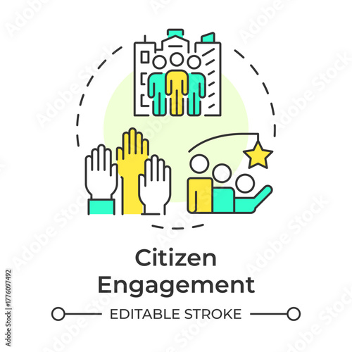 Citizen engagement multi color concept icon. Involving residents in decision making. Sustainable urban development. Round shape line illustration. Abstract idea. Graphic design. Easy to use in booklet