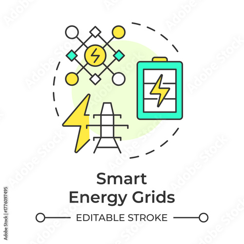 Smart energy grids multi color concept icon. Modern electricity networks. Sustainable urban development. Round shape line illustration. Abstract idea. Graphic design. Easy to use in booklet