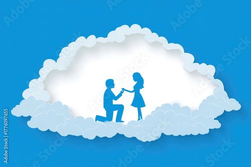 Couple celebrating valentine's day engagement proposal on cloud