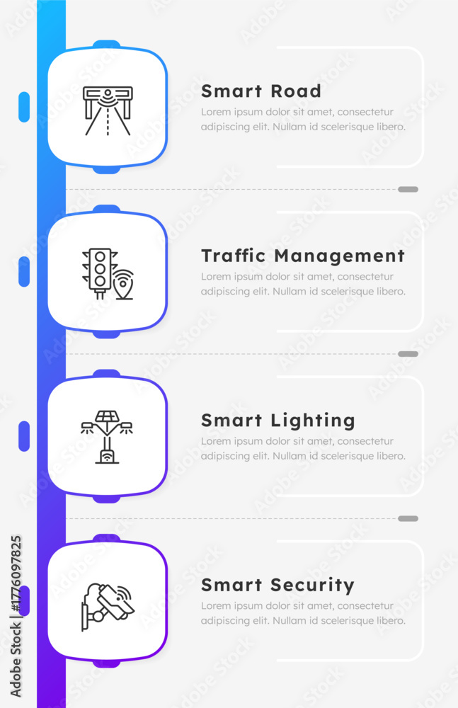 Naklejka premium Smart traffic management infographic blue gradient squares. Urban transportation system. Safe driving. Editable thin line icons diagram process with 4 steps. Montserrat-SemiBold, Regular fonts used