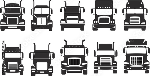 Truck front view silhouette vector illustration, heavy cargo transport design, logistics and freight vehicle icons, transportation industrial black vector collection