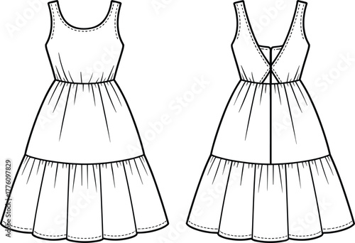 Sleeveless tiered dress, scoop neckline, deep V back, tie detail, women’s fashion flat, garment construction, sewing pattern, apparel design, technical illustration