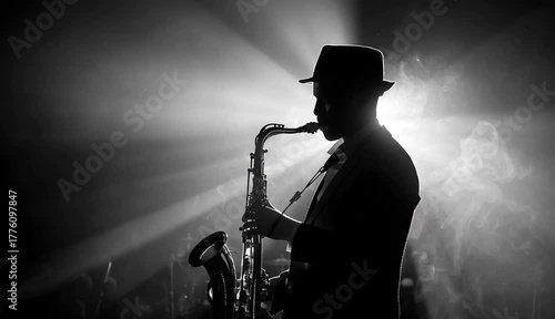 Black and white silhouette of male saxophone player performing on stage, dramatic backlighting from behind