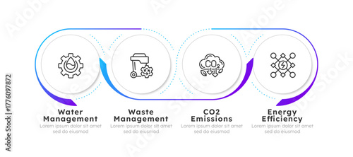 Sustainable lifestyle infographic blue gradient circles. Water, waste and CO2 emission management. Editable thin line icons diagram process with 4 steps. Montserrat-SemiBold, Regular fonts used