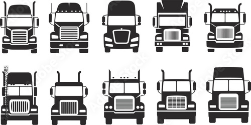 Truck front view silhouette vector illustration, heavy vehicle icon set, transportation logistics symbol, industrial freight truck design, black transport collection vector art