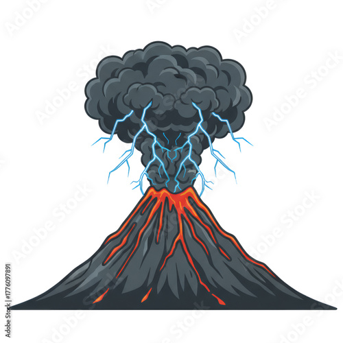 Illustration of a volcano erupting with lightning effects in its plumes of smoke. Isolated on a white background.