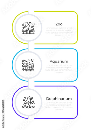 Zoos and aquariums infographic rounded shapes vertical. Meeting wild animals in theme parks. Editable thin line icons diagram process with 3 steps. Montserrat-SemiBold, Regular fonts used