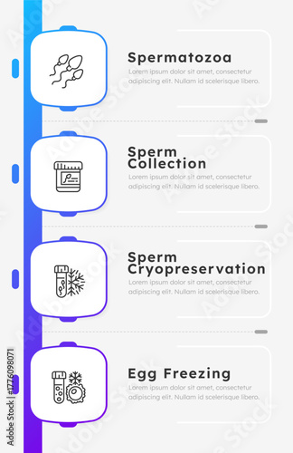 Reproductive cell storage infographic blue gradient squares. Fertility treatment study. Preservation. Editable thin line icons diagram process with 4 steps. Montserrat-SemiBold, Regular fonts used