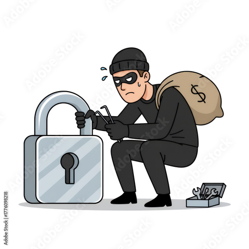 illustration of a thief trying to open a padlock, isolated on a white background