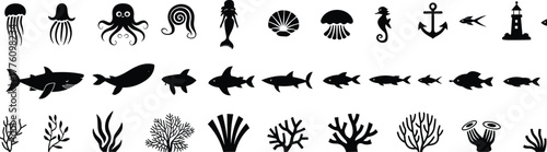 Underwater marine life vector illustration, ocean animal silhouettes including fish, jellyfish, octopus, mermaid, coral, seahorse, anchor, and lighthouse, aquatic ecosystem design