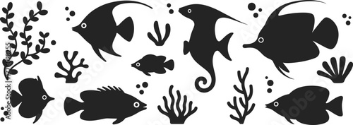 Underwater fish silhouette collection vector illustration, tropical marine life with corals and sea plants, ocean wildlife concept design for aquatic nature art