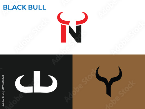 Three abstract bull head logos in red black and white on white and brown backgrounds bull logo graphic