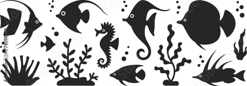 Underwater marine life vector illustration, tropical fish and seahorse silhouette design, coral reef and seaweed elements, aquatic animal decoration for ocean theme