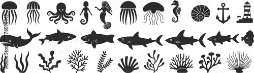 Underwater sea life vector illustration, marine animal silhouettes, ocean creatures design, coral reef elements, black and white aquatic icons, nautical themed artwork
