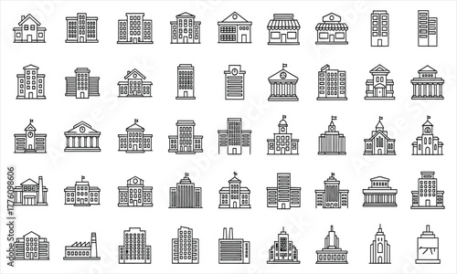 Vector line icon set of city buildings, including government, bank, university, and urban architectural structures