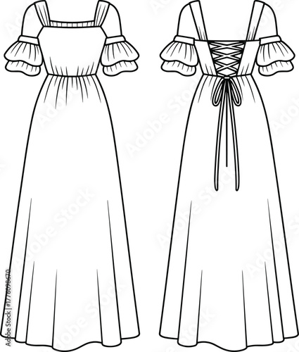Square neckline dress sketch, puff sleeve fashion illustration, corset lace back gown, technical garment flat, elegant formalwear design, front and back view