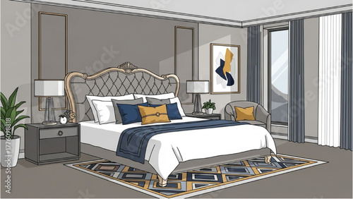 Modern elegant bedroom interior illustration with luxurious decor and comfortable furnishings