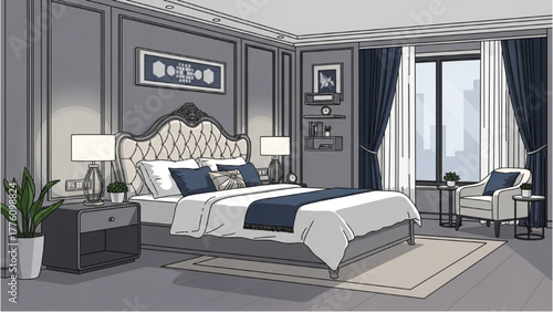 Elegant master bedroom interior concept with classic furniture and navy blue accents