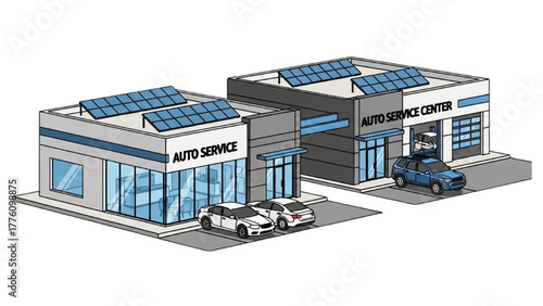 Modern Auto Service Center Buildings with Solar Panels on Roofs