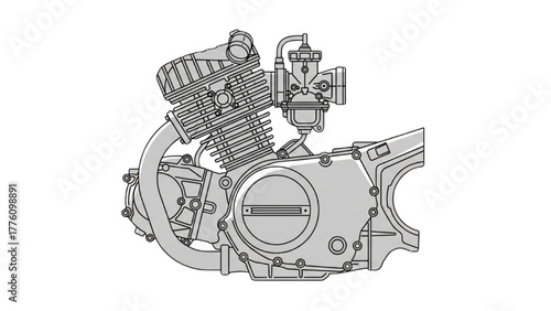 Detailed line art illustration of a classic air-cooled single-cylinder motorcycle engine