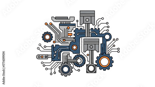 Intricate illustration of integrated mechanical and electronic engine components, symbolizing modern engineering and smart technology innovation