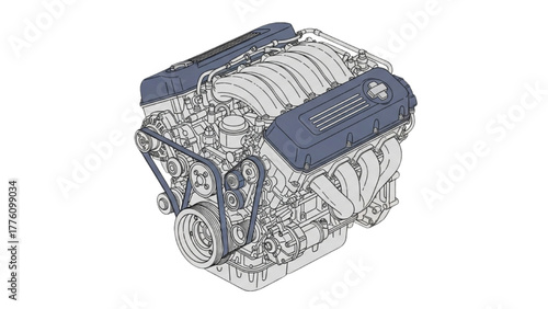 Detailed illustration of a V-engine with exposed belt system and manifold