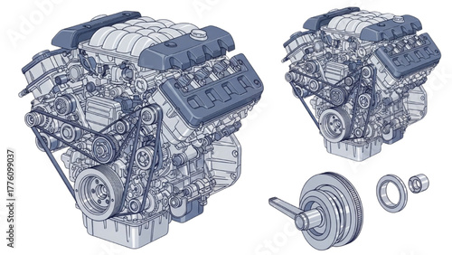 Intricate blueprint illustrations showcasing a high-performance V8 internal combustion engine and its essential mechanical components