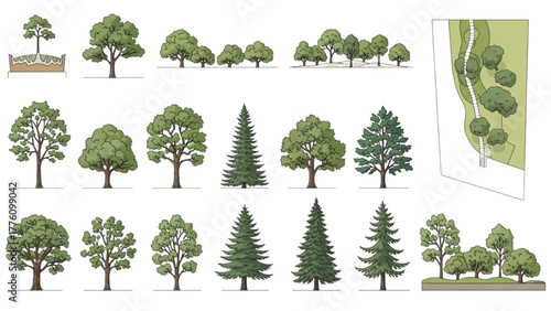 Foto Diverse assortment of green tree illustrations for environmental and architectur