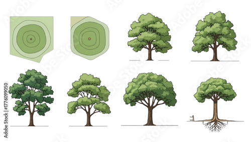 Various Types of Trees with Detailed Botanical Representations and Root Systems