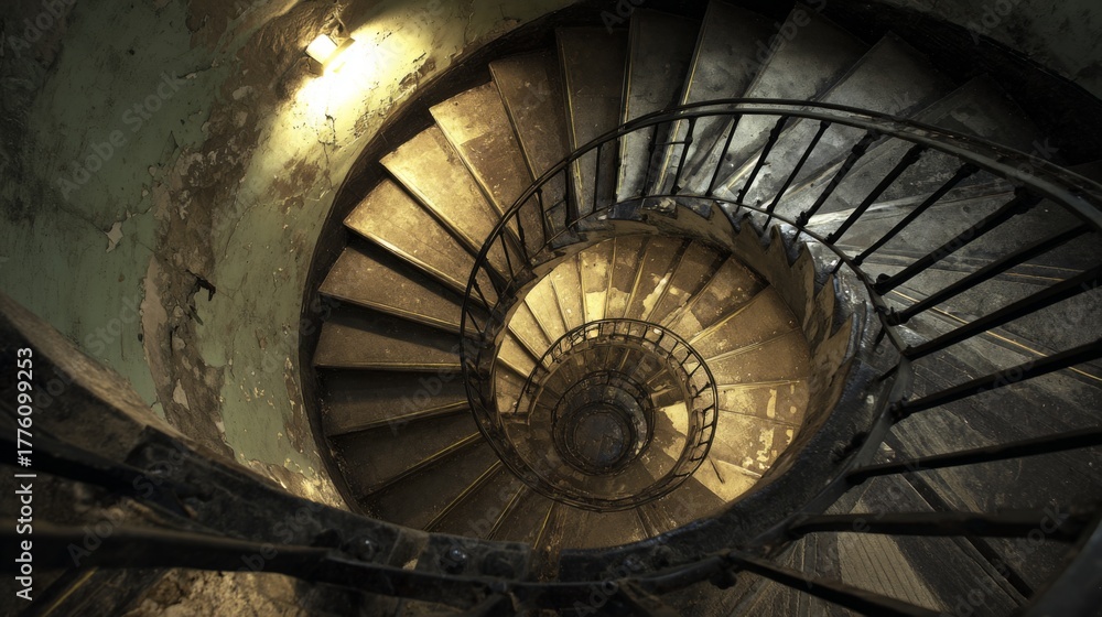 Fototapeta premium Spiral Staircase in Dimly Lit Space Showing Aging Texture and Worn Steps with Unique Architectural Detail and Atmospheric Lighting