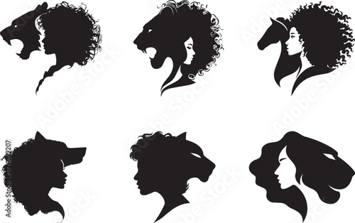 Black silhouette illustration showing profiles of women combined with wild animals like lion, wolf, horse, and panther, symbolizing female strength, freedom, spirit, beauty, courage, and nature connec