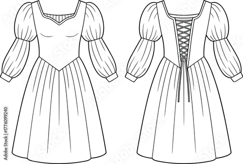 Sweetheart neckline puff sleeve dress flat, corset lace up bodice, gathered skirt design, technical fashion illustration, sewing pattern template, apparel sketch