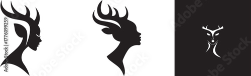 Black silhouette of a woman with deer antlers in profile view, symbolizing nature, wildlife, fantasy, femininity, strength, freedom, and mythical spirit art concept representing harmony between human 