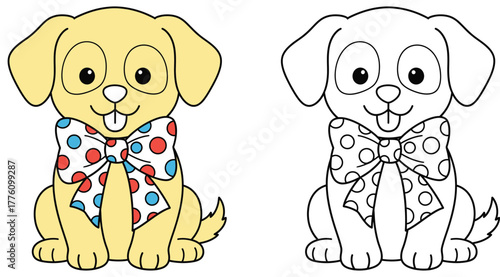 Adorable yellow puppy wearing a colorful polka-dot bow tie, sitting happily – perfect for a charming children's coloring book illustration.