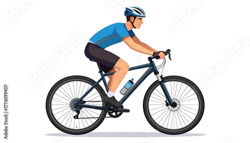 Man riding a bicycle in profile view. Vector illustration of cyclist wearing helmet and sports attire