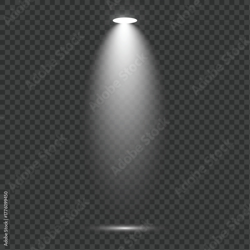 Bright spotlight beam shining down with subtle shadow effect on transparent grid background