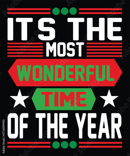 Festive holiday text "It's the most wonderful time of the year" with Christmas colors and stars