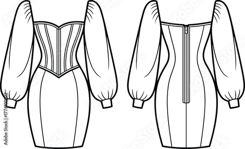 Technical fashion illustration, corset bodice dress, sweetheart neckline, puff sleeve design, tapered skirt silhouette, front and back view, zipper closure, garment construction
