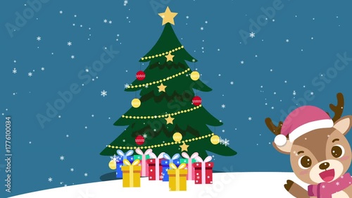 Cute Cartoon Reindeer Waving by a Snowy Christmas Tree Animation.