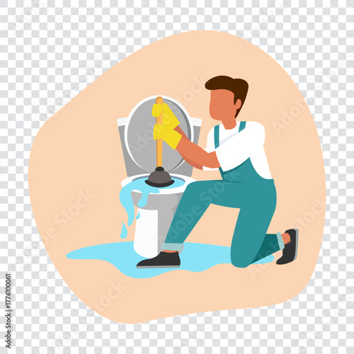 A plumber repairs a toilet, clearing a clog. Plumbing work. Vector illustration.